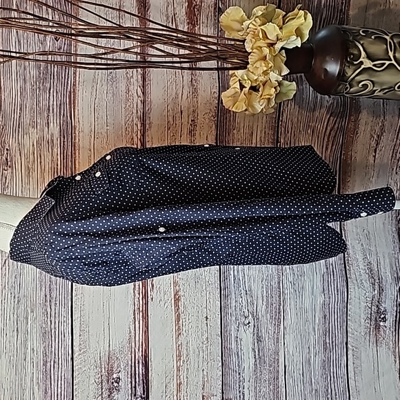 TOMMY HILFIGER NAVY WHITE POLKA DOT LONG ROLL-TAB SLEEVE BUTTON-UP BLOUSE - Picture 3 of 16